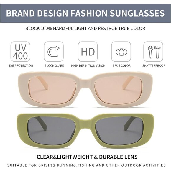 Trendy Rectangle Green Beige Sunglasses Women Men Retro Square Fashion Shades - Picture 3 of 5